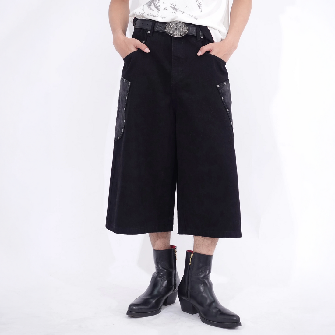 IN EXISTENCE Washed Rivet-Trim Patch Denim Shorts-Shorts-S (1)-Free Shipping Leatheretro