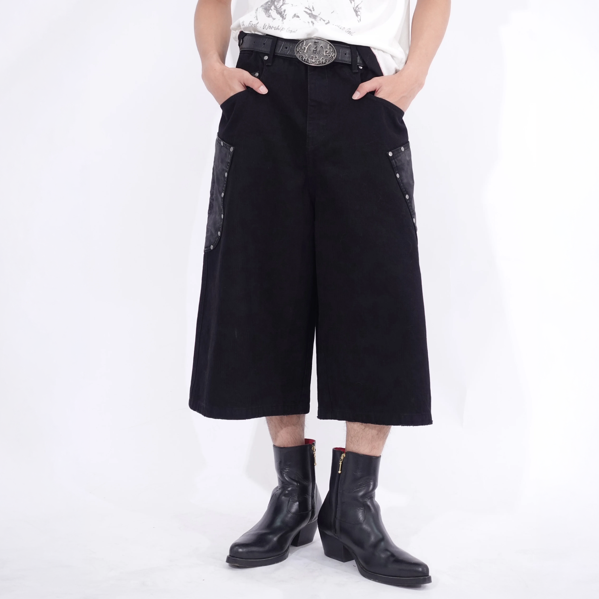 IN EXISTENCE Washed Rivet-Trim Patch Denim Shorts-Shorts-S (1)-Free Shipping Leatheretro