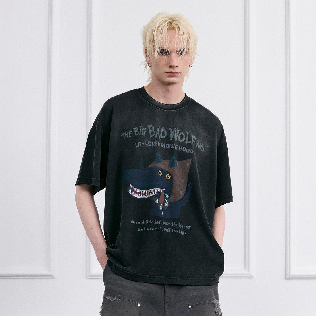 FACEONLAB Big Bad Wolf Oversized T-Shirt-T Shirt-Black-M-Free Shipping Leatheretro