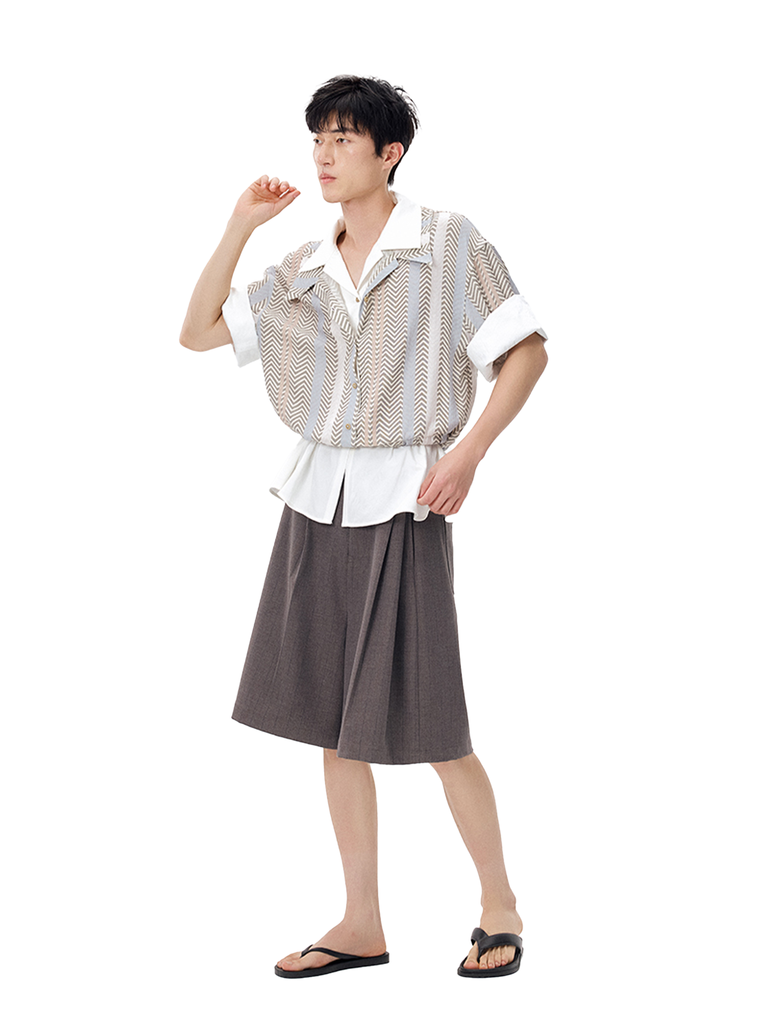 TUIMU Layered Camp Collar Striped Shirt-Half shirt-S (Preorder)-Free Shipping Leatheretro