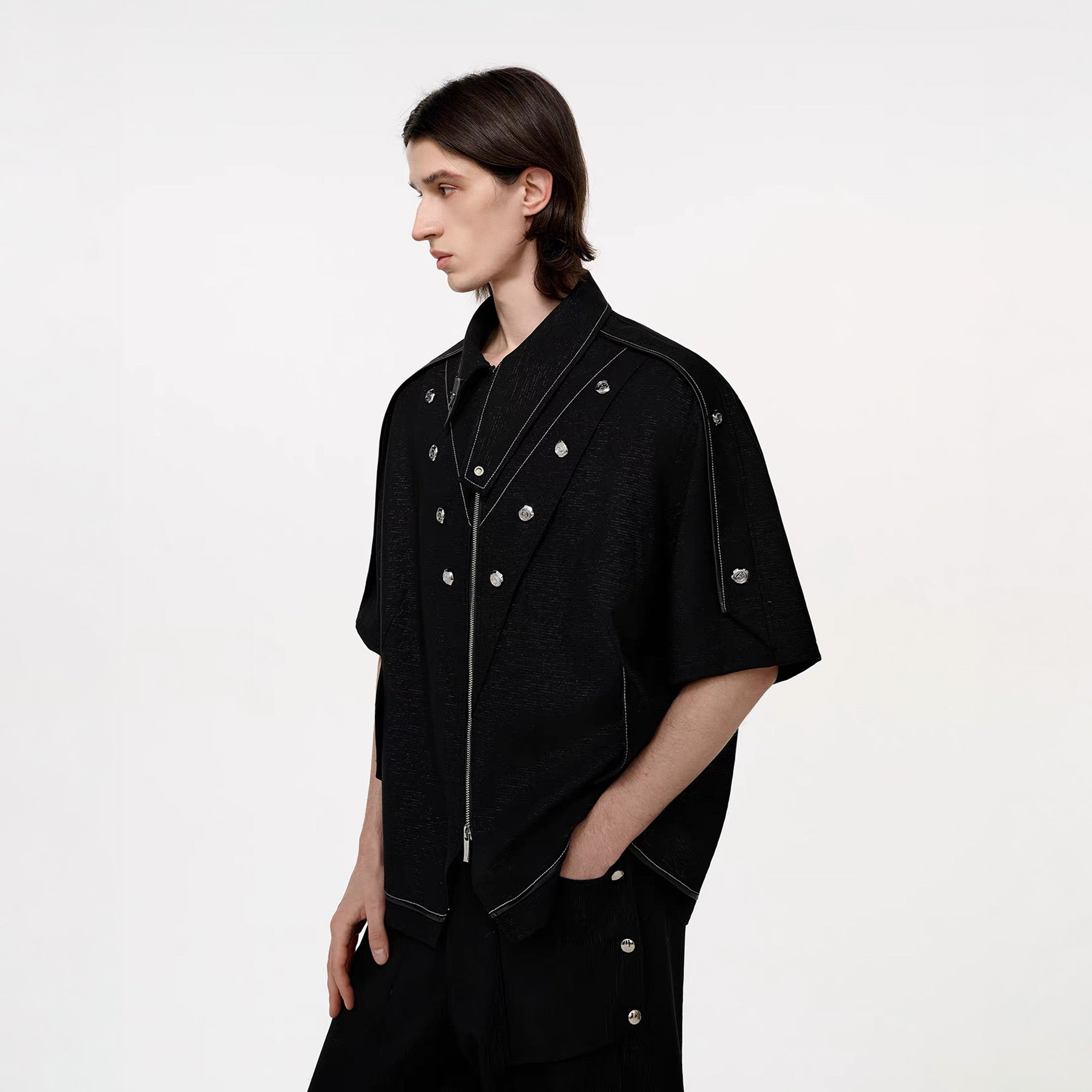 TIWILLTANG Studded Trim Zip-Up Half Shirt-T Shirt-S-Free Shipping Leatheretro