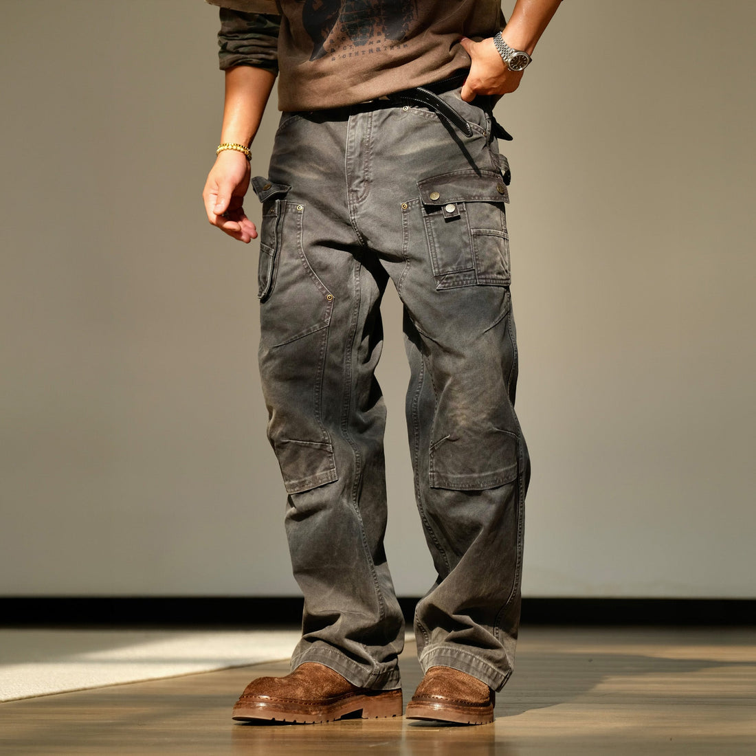 NEIGBORL Washed Multi-Pocket Straight-Leg Cargo Pants-Pants-S (Preorder)-Black-Free Shipping Leatheretro