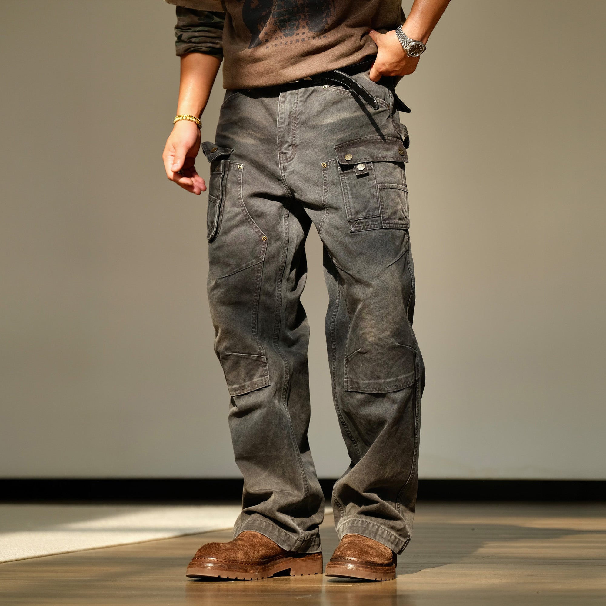 NEIGBORL Washed Multi-Pocket Straight-Leg Cargo Pants-Pants-S (Preorder)-Black-Free Shipping Leatheretro