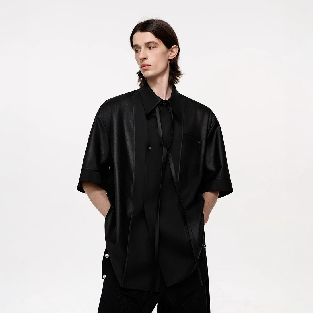 TIWILLTANG Draped Camp-Collar T Shirt-Jacket-S-Black-Free Shipping Leatheretro