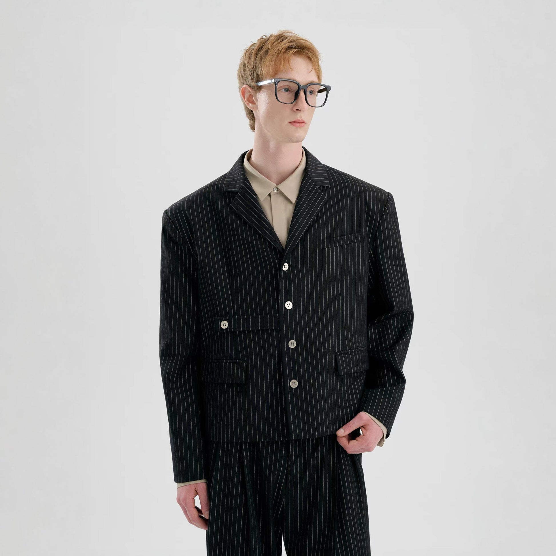 TIWILLTANG Cropped Pinstripe Strap Blazer-Jacket-S-Black-Free Shipping Leatheretro