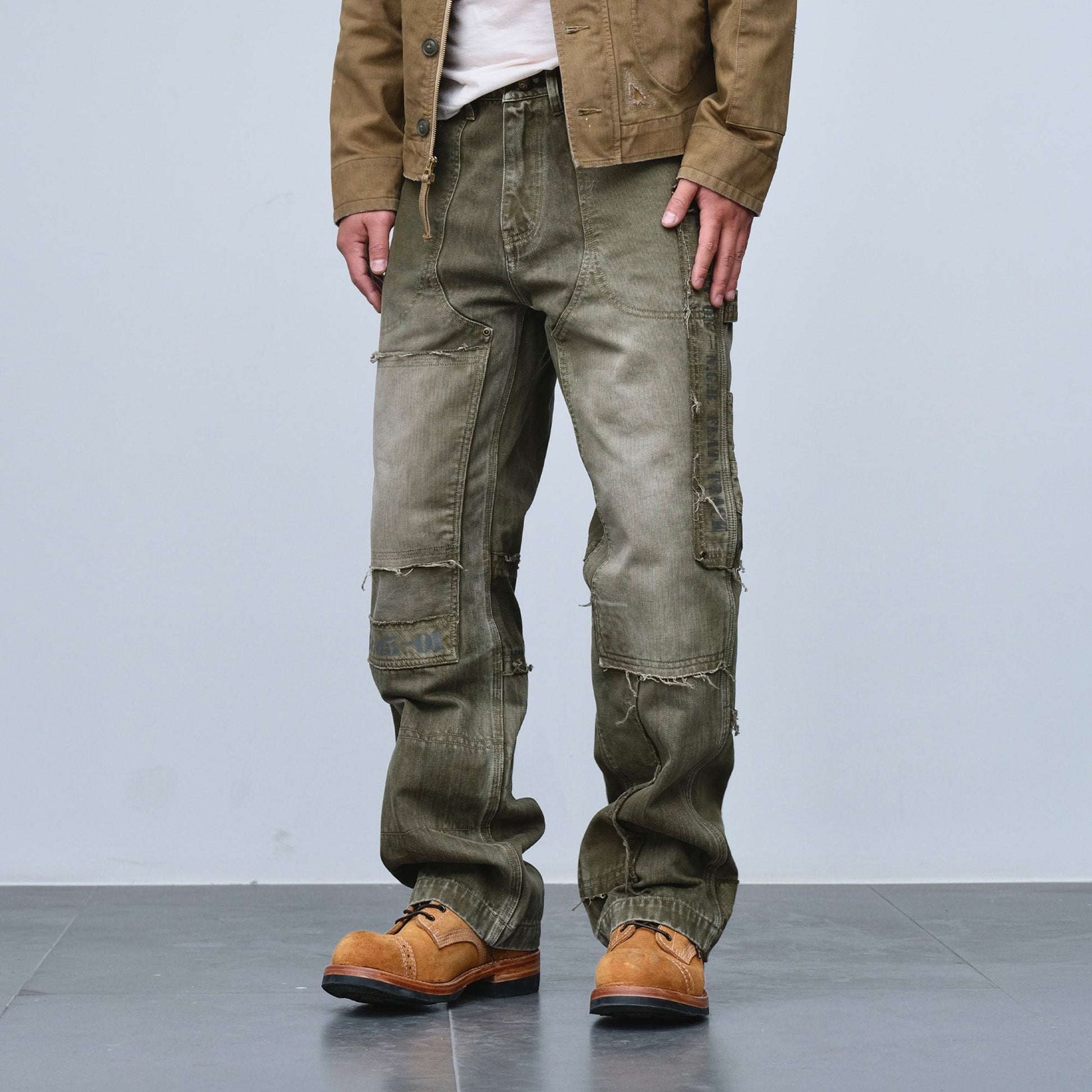 NEIGBORL Retro Distressed Paneled Cargo Pants-Pants-S-Green-Free Shipping Leatheretro