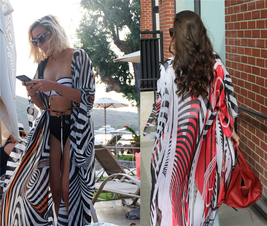 Sexy Chiffon Kimono Beachwear Cover Ups for Women-Black White-One Size-Free Shipping Leatheretro