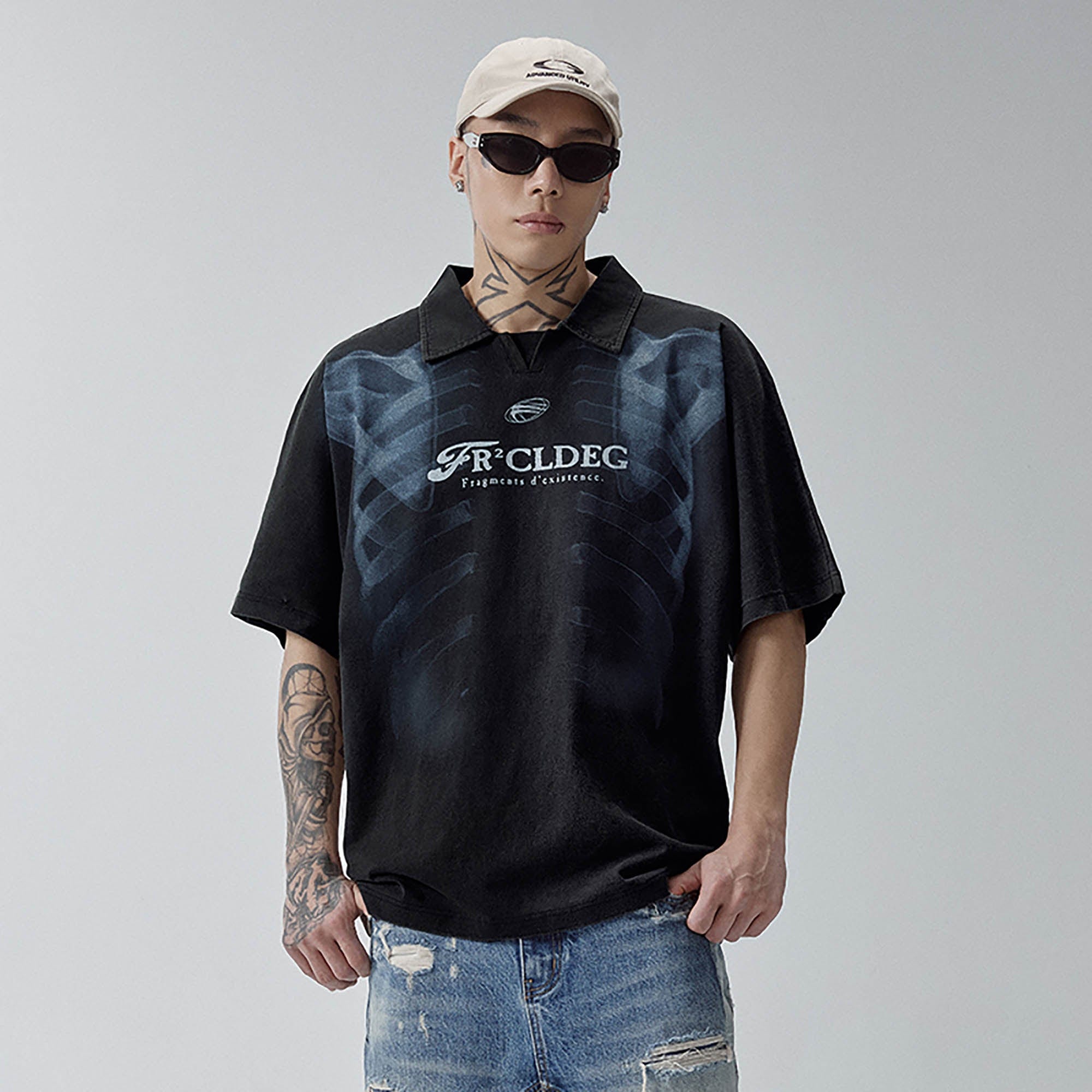 F2CE Distressed X-Ray Polo T-Shirt-T Shirt-S-Free Shipping Leatheretro