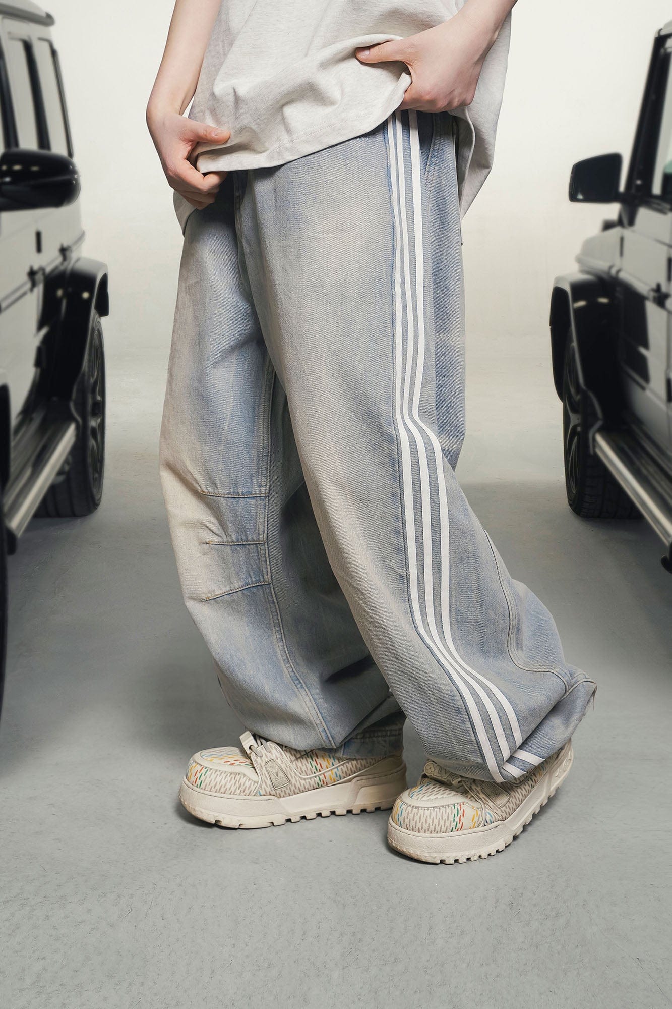 MAKEMORE Retro Washed Stripe Pleated Knees Jeans-Jeans-S-Blue-Free Shipping Leatheretro