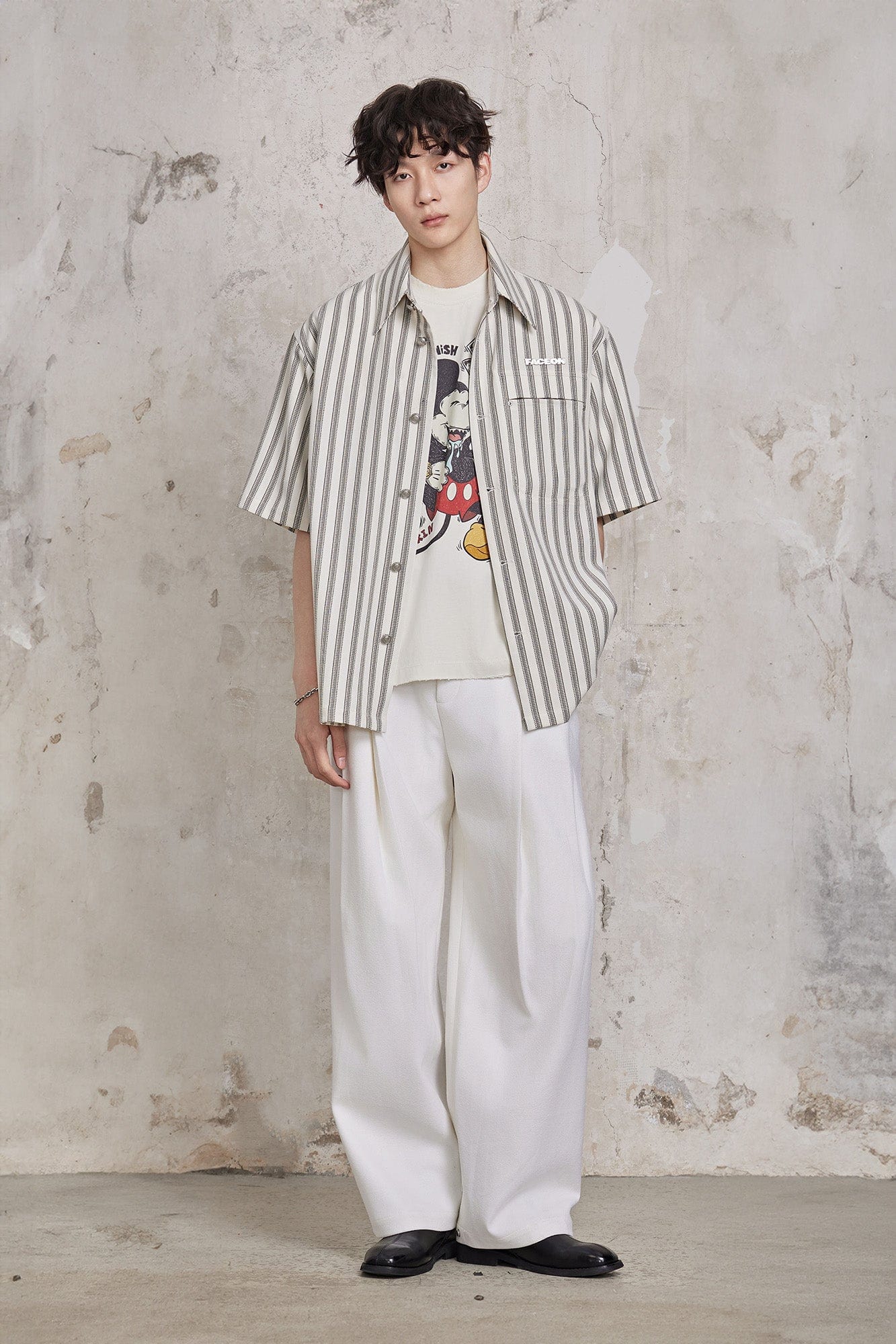 FACEONLAB Retro Textured Contrast Stripe Half Shirt-Half shirt-M-Black-Free Shipping Leatheretro