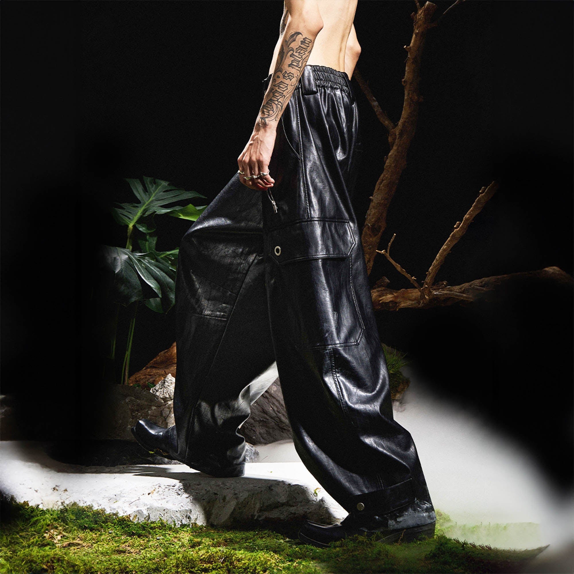 RELABEL Multi-Pocket Pleated Faux Leather Wide-Leg Pants-Pants-XS-Free Shipping Leatheretro