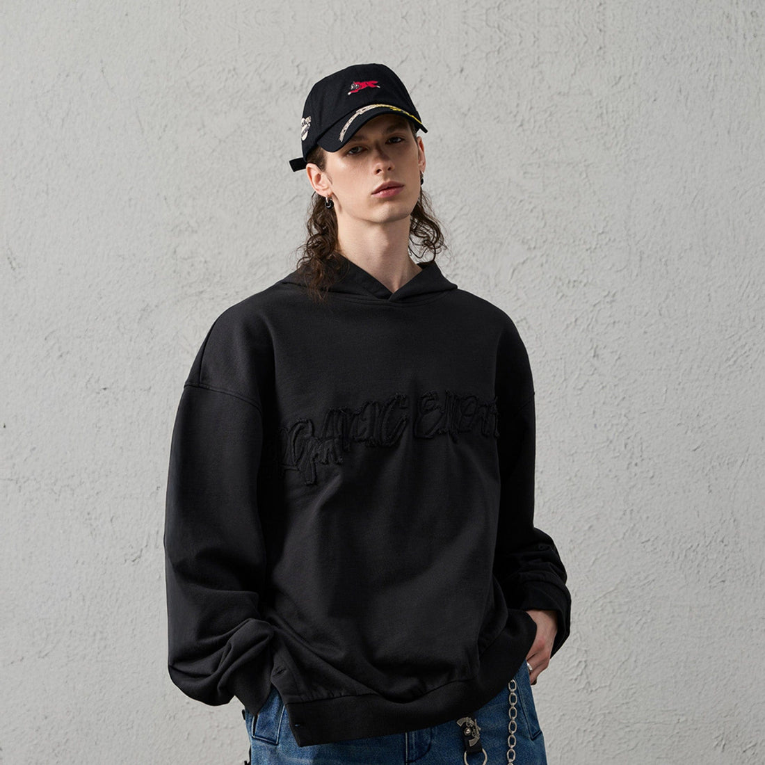 ORGANIC EMOTION Asymmetrical Hem LOGO Embroidered Hoodie-Hoodie-S-Free Shipping Leatheretro