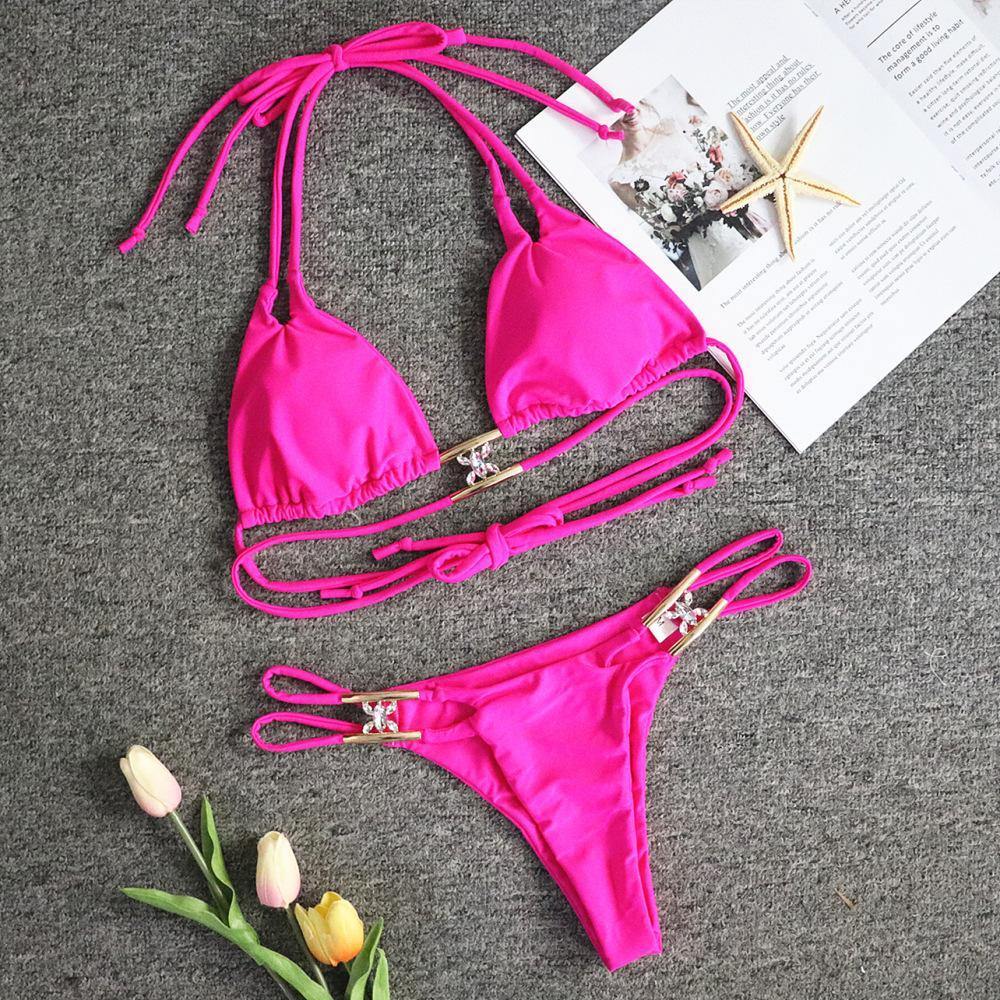 Sexy Rhinestone Summer Beach Bikini-Women Swimwear-Rose Red-S-Free Shipping Leatheretro