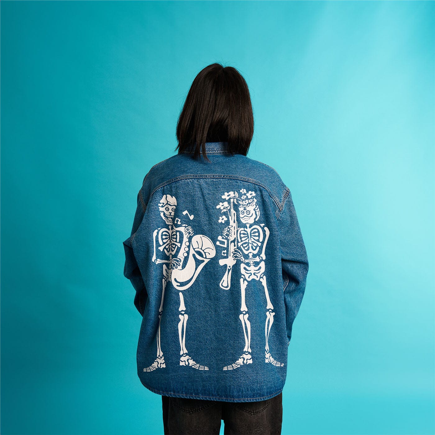 WCC Multi-Pockets Musical Skeletons Denim Jacket-Jacket-M-Free Shipping Leatheretro