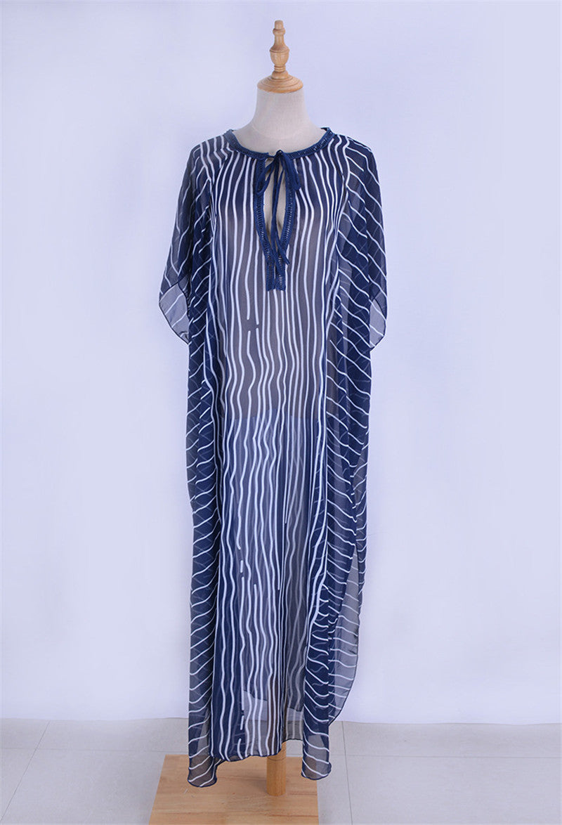 Chiffon Striped Summer Beachwear Cover Ups-Blue-One Size-Free Shipping Leatheretro