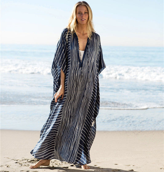 Chiffon Striped Summer Beachwear Cover Ups-Blue-One Size-Free Shipping Leatheretro