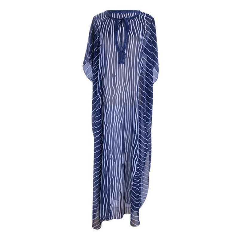 Chiffon Striped Summer Beachwear Cover Ups-Blue-One Size-Free Shipping Leatheretro