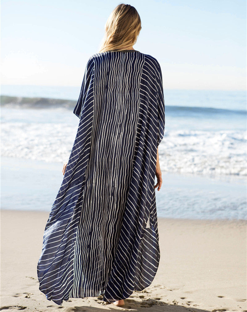 Chiffon Striped Summer Beachwear Cover Ups-Blue-One Size-Free Shipping Leatheretro