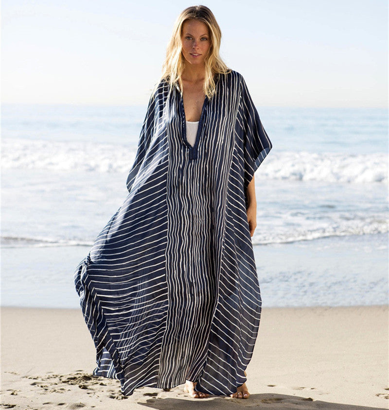 Chiffon Striped Summer Beachwear Cover Ups-Blue-One Size-Free Shipping Leatheretro