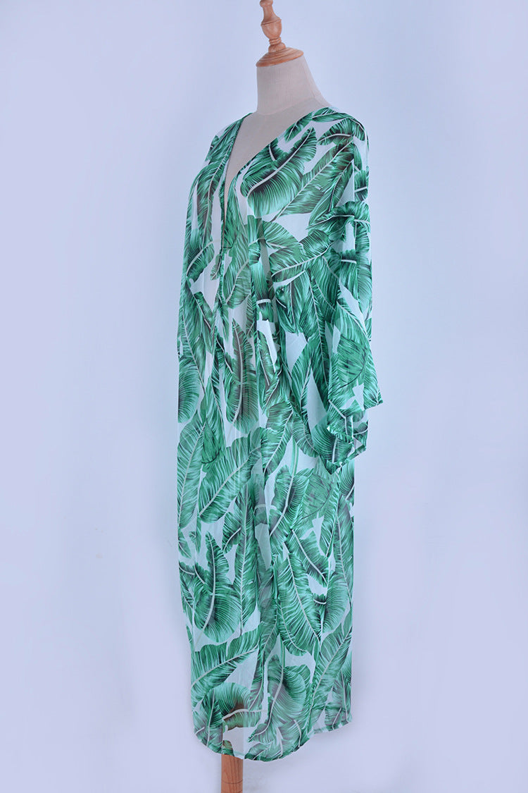 Green Chiffon Palm Leaf Print Holiday Kimono Cover Ups Dresses-Green-One Size-Free Shipping Leatheretro
