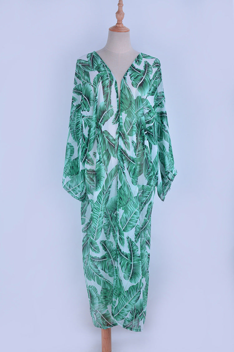 Green Chiffon Palm Leaf Print Holiday Kimono Cover Ups Dresses-Green-One Size-Free Shipping Leatheretro