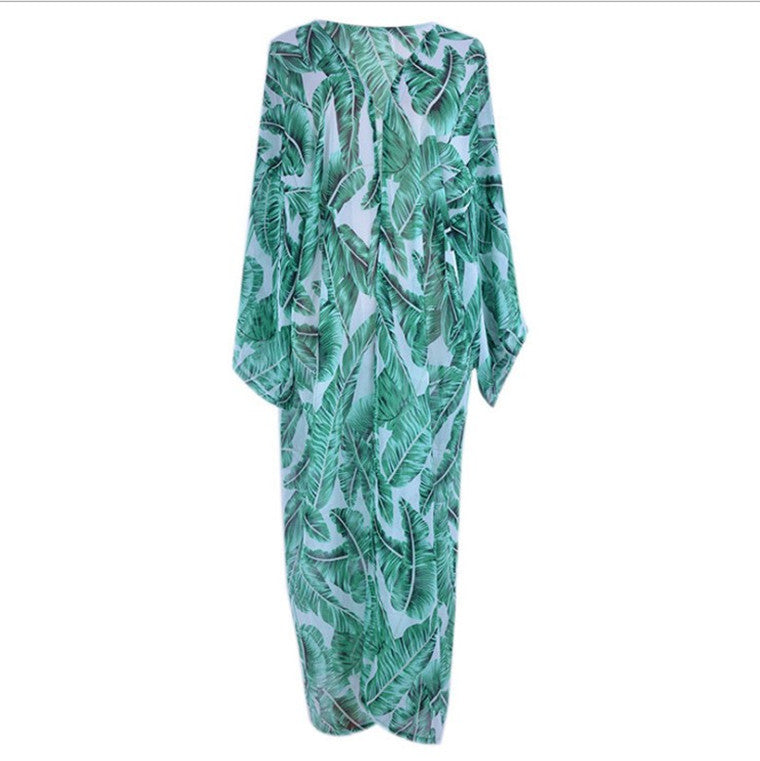 Green Chiffon Palm Leaf Print Holiday Kimono Cover Ups Dresses-Green-One Size-Free Shipping Leatheretro