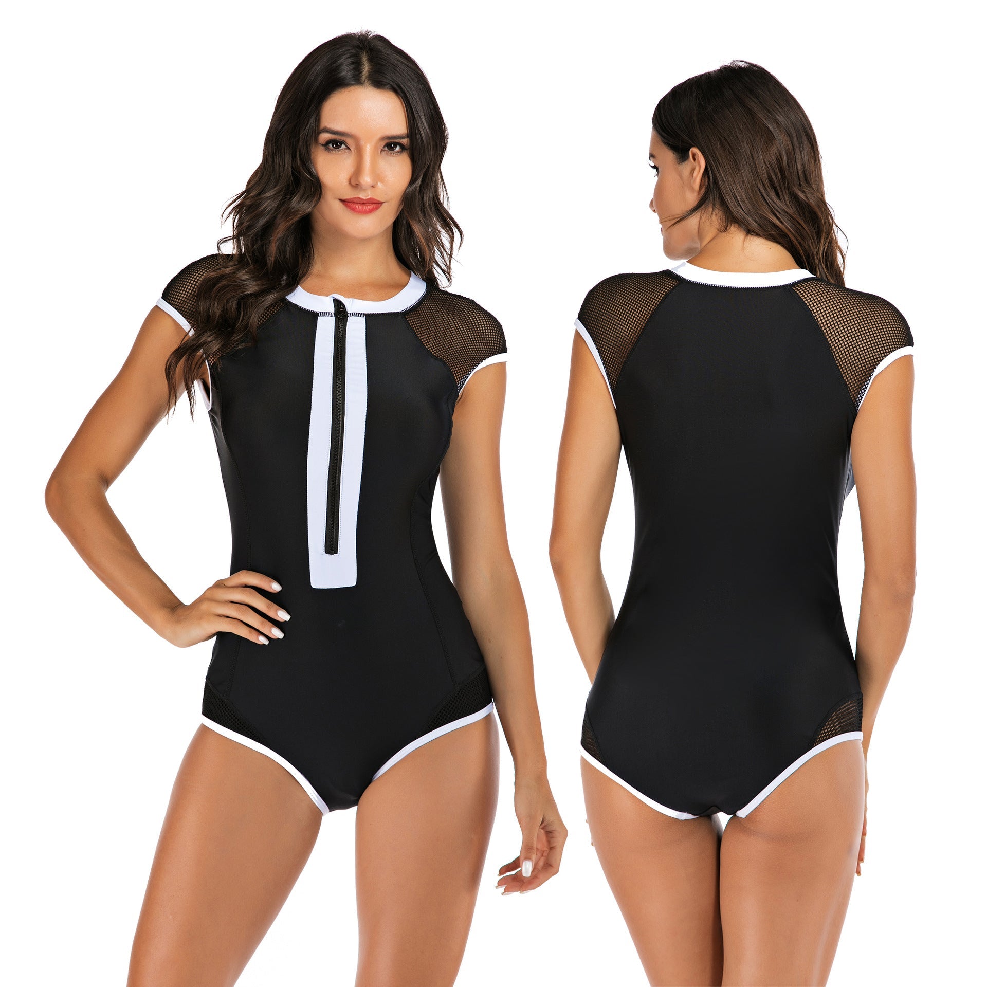 Sexy Sleeveless Zipper Diving One Piece Black Swimmsuits-Swimwear-Black-S-Free Shipping Leatheretro