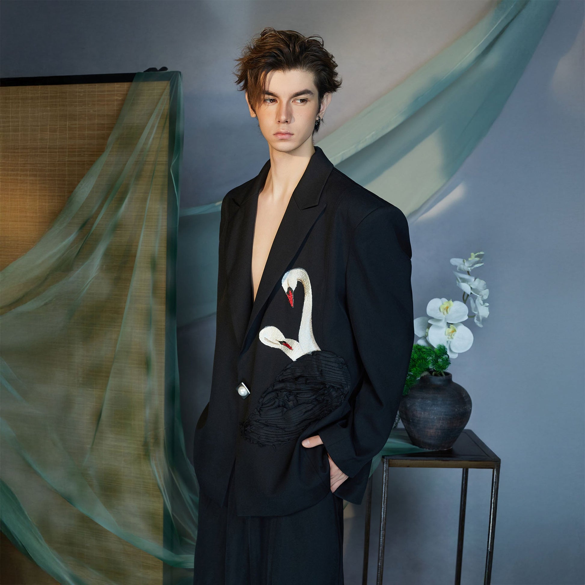 JIECHI Swan Embroidered Pearl Button Blazer-Jacket-M (Preorder)-Free Shipping Leatheretro