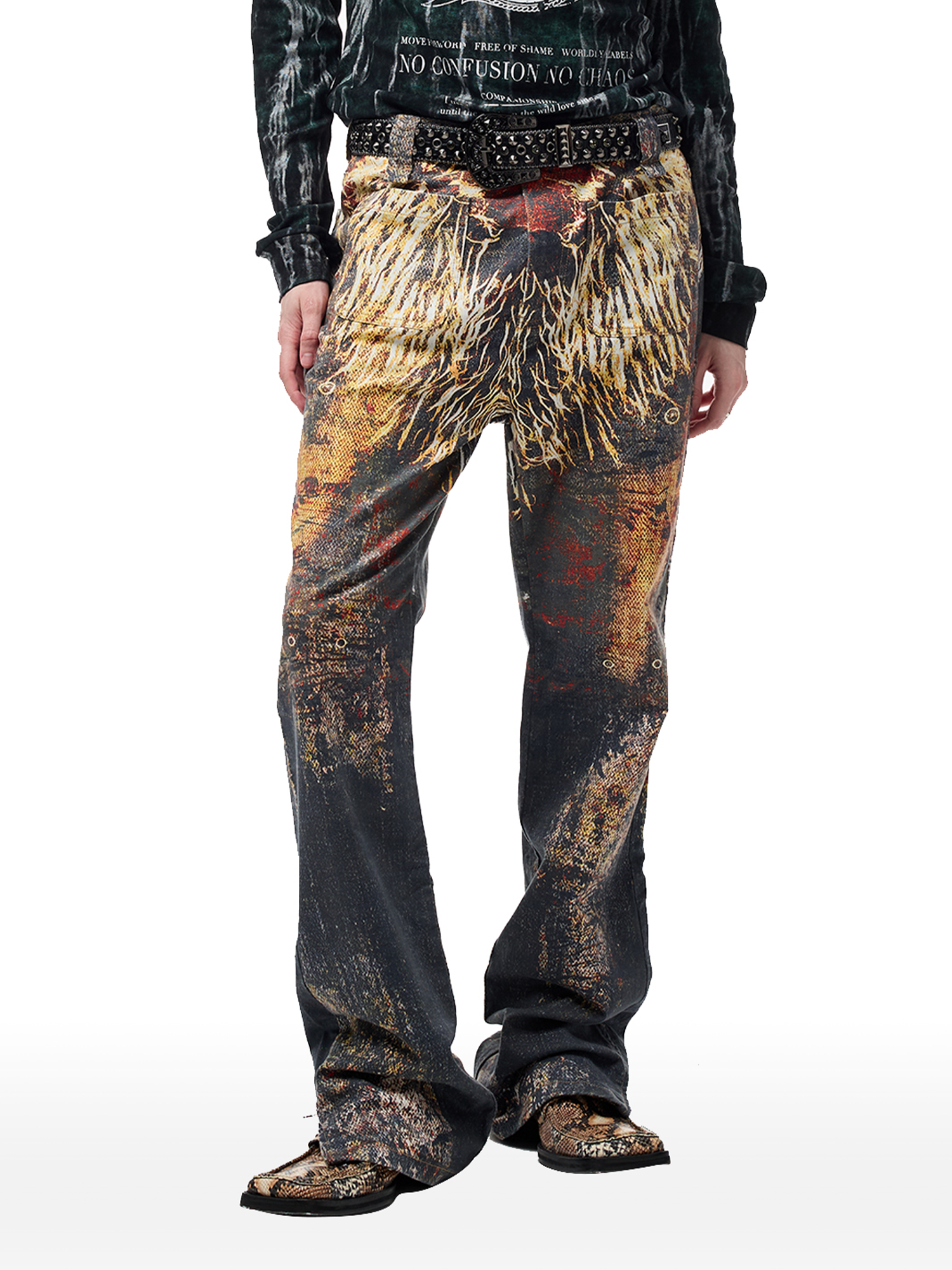 CYCYCY Feather Full-Print Slim Flared Jeans-Jeans-XXS / 27"-Free Shipping Leatheretro