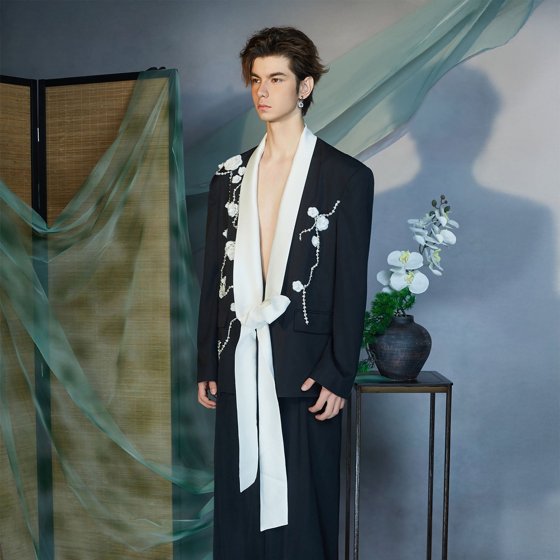 JIECHI Floral Embroidered Sash Tie Blazer-Jacket-M (Preorder)-Free Shipping Leatheretro