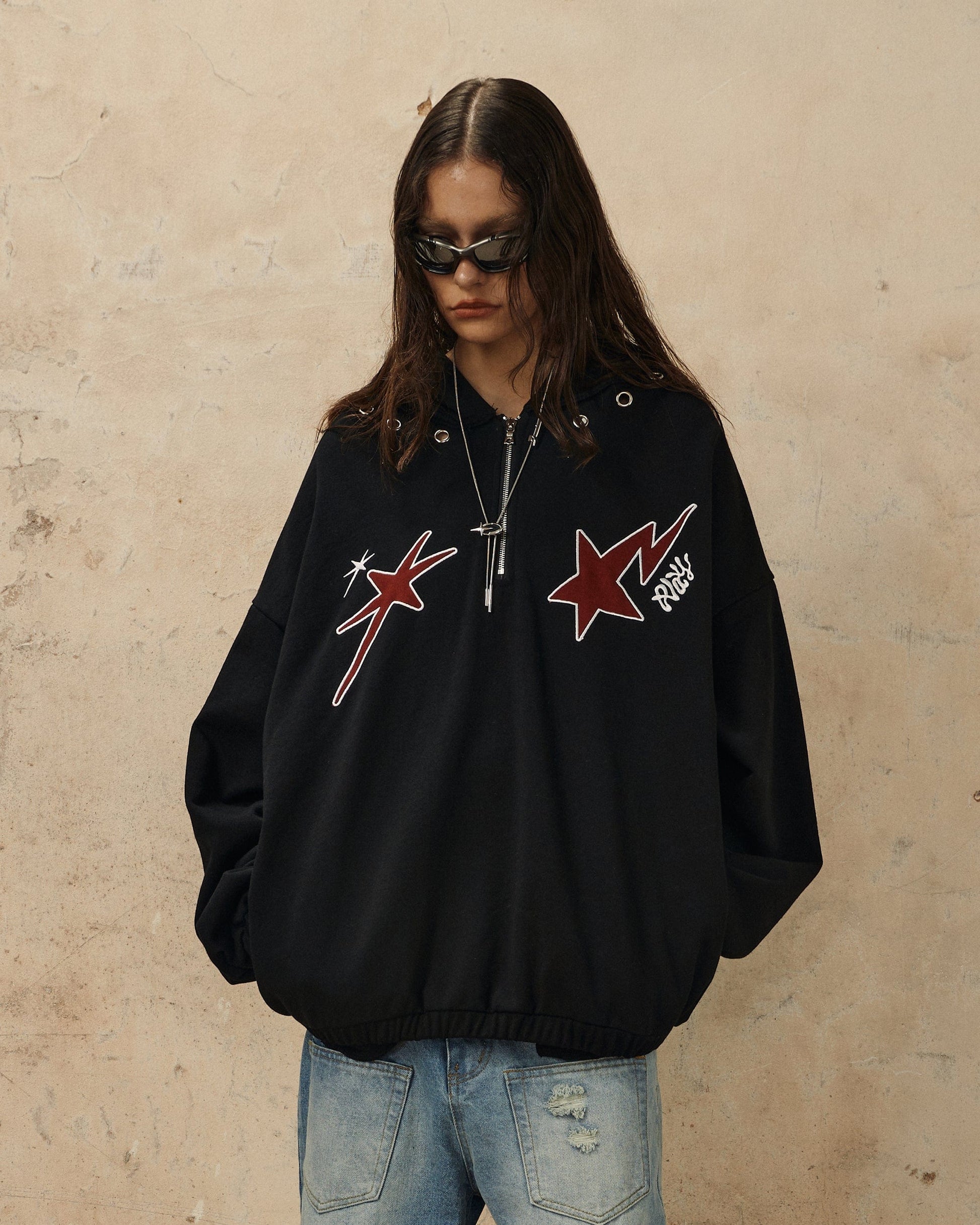 OVDY Star Embroidery Punk Zip-Up Hoodie-Hoodie-S-Black-Free Shipping Leatheretro