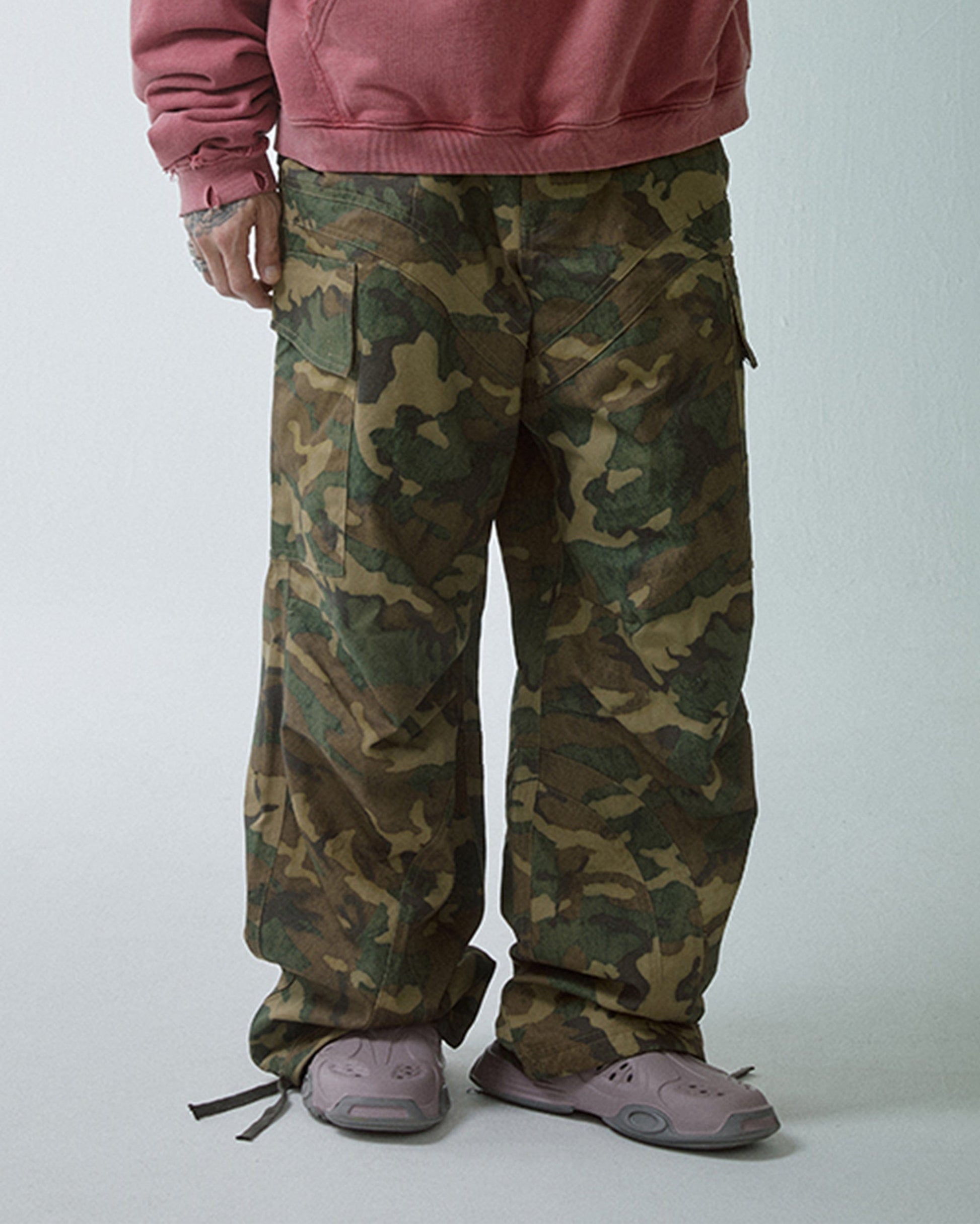 F2CE Wide-Leg Draw-String Camo Cargo Pants-Pants-S-Free Shipping Leatheretro