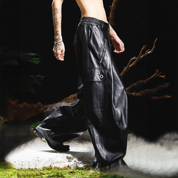 RELABEL Multi-Pocket Pleated Faux Leather Wide-Leg Pants-Pants-XS-Free Shipping Leatheretro