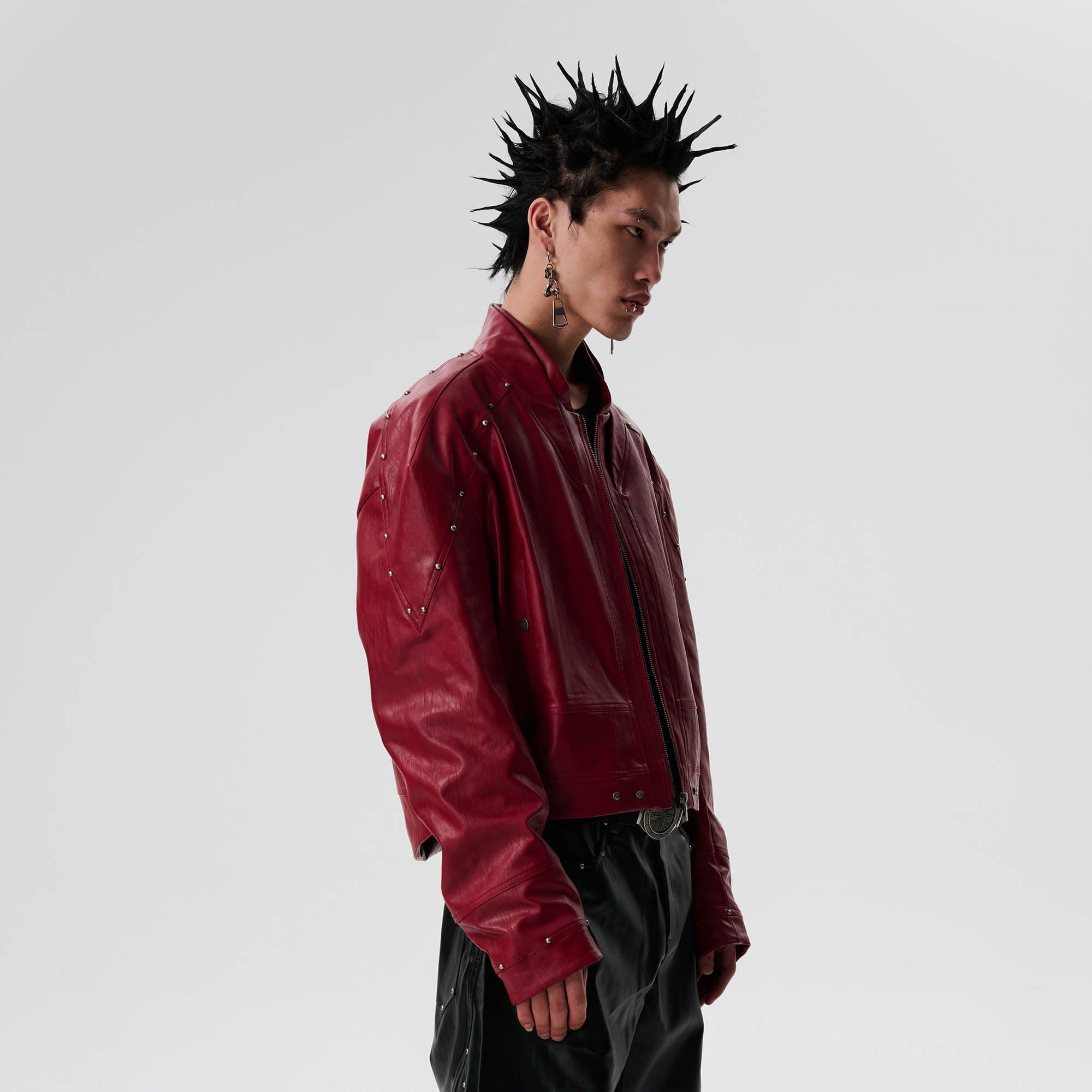 SAVAGEGROWTHWORLD Snake Bone Embroidered Rivet Cropped PU Jacket-Jacket-S-Red-Free Shipping Leatheretro