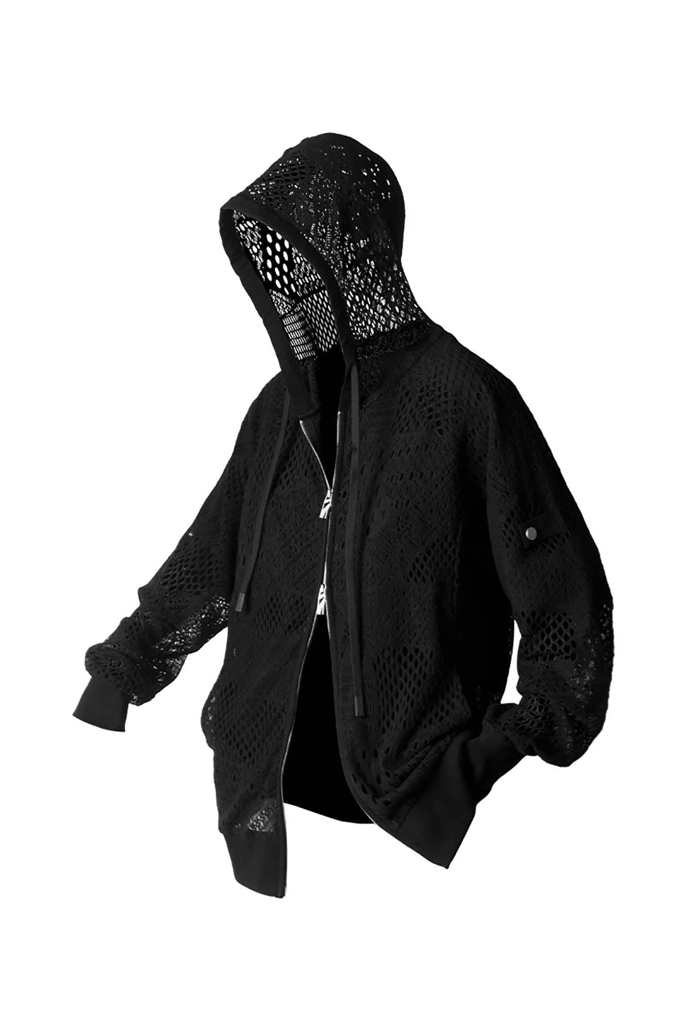 RELABEL Patchwork Crochet Mesh Zip-Up Hoodie-Jacket-XS-Black-Free Shipping Leatheretro