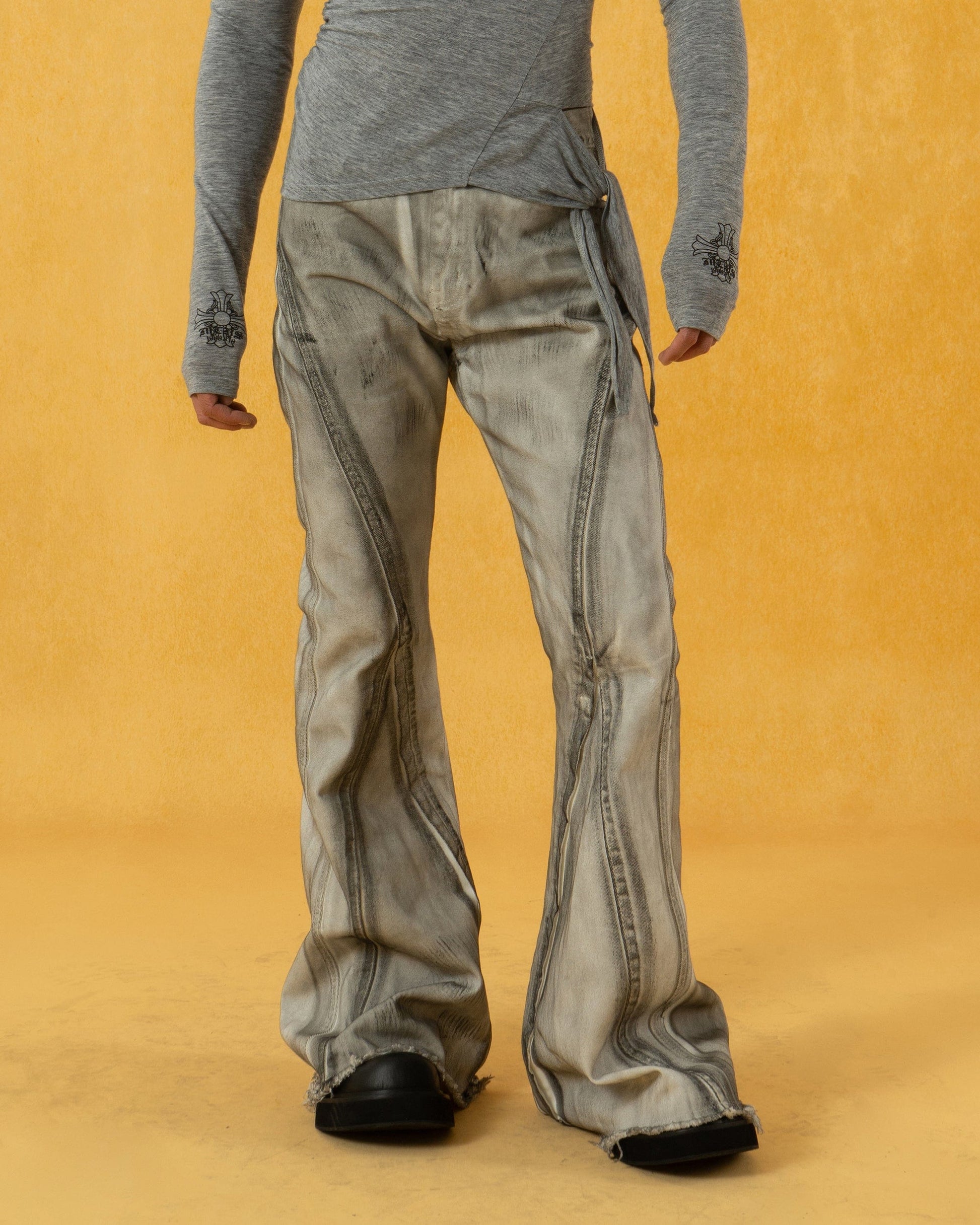 CLP Spliced Distressed Raw Edge Flared Jeans-Jeans-S-Free Shipping Leatheretro