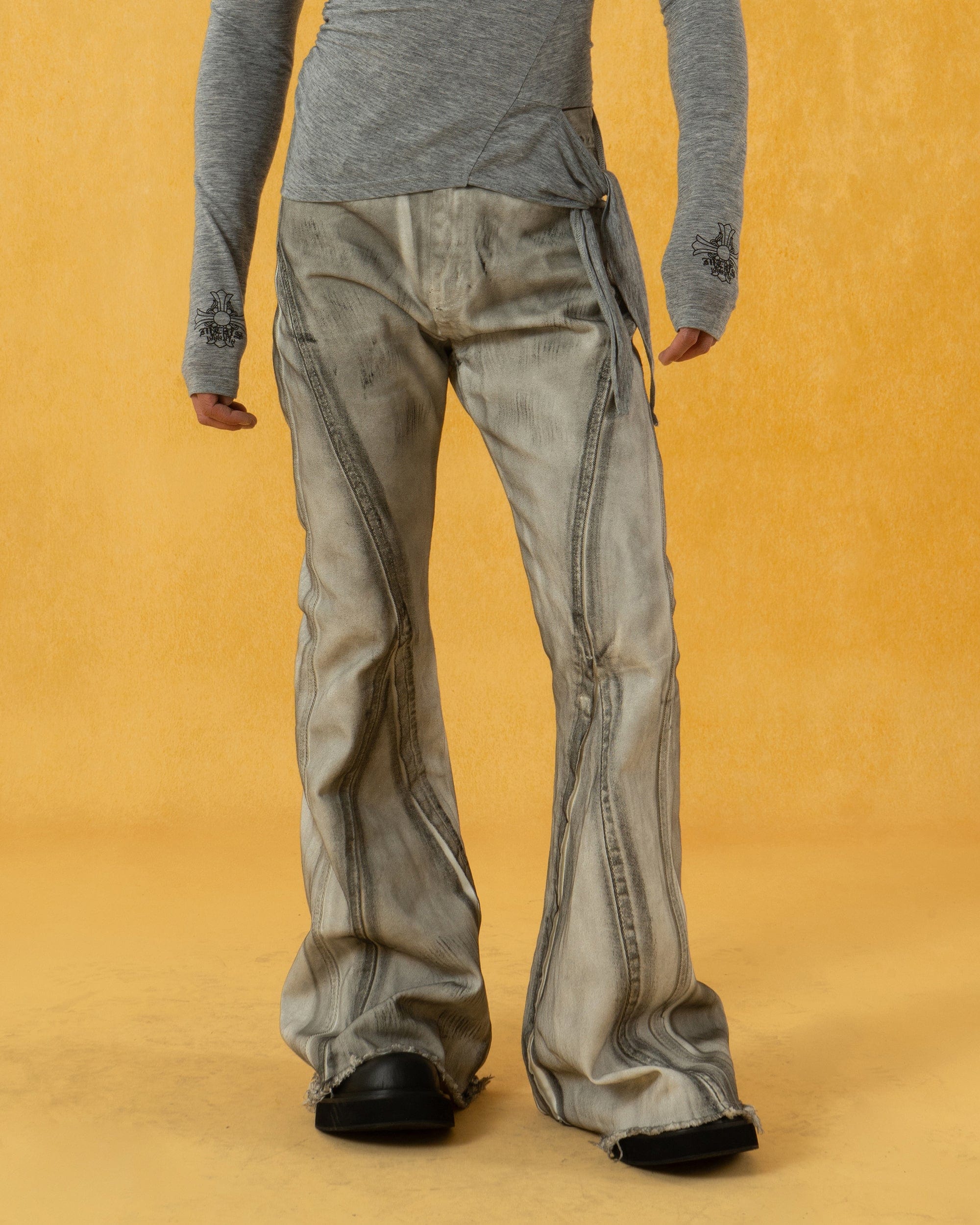 CLP Spliced Distressed Raw Edge Flared Jeans-Jeans-S-Free Shipping Leatheretro