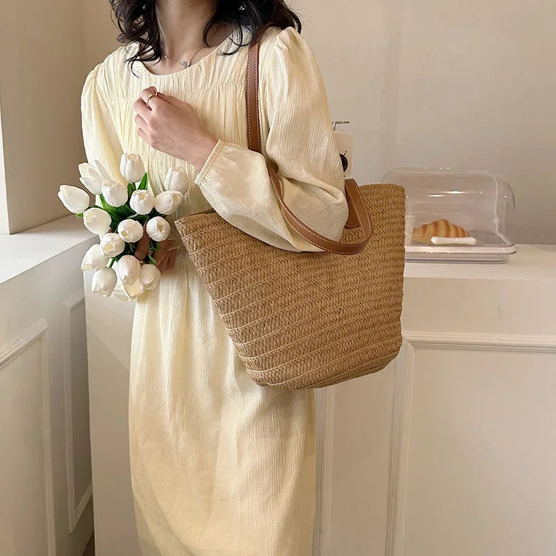 Luxury Designer Straw Tote Bag for Women-Tote Bag-Beige-Free Shipping Leatheretro