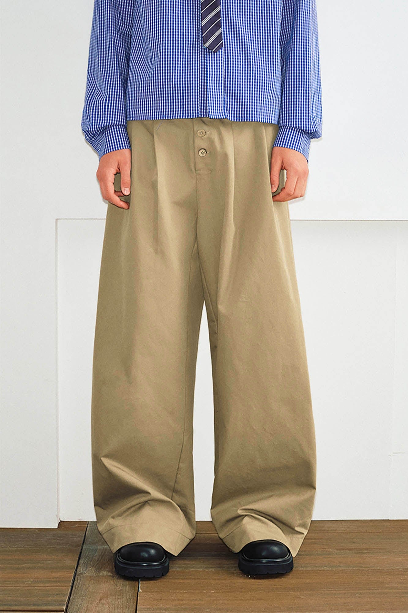 KREATE Crinkled Button-Fly Wide-Leg Pants-Pants-S - 30"-Black-Free Shipping Leatheretro