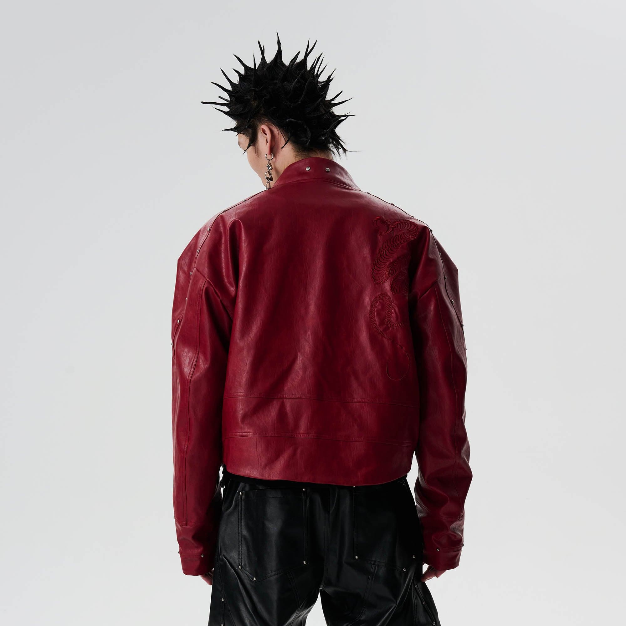 SAVAGEGROWTHWORLD Snake Bone Embroidered Rivet Cropped PU Jacket-Jacket-S-Red-Free Shipping Leatheretro