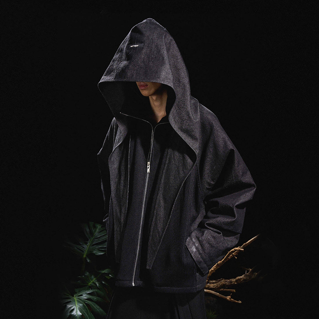 RELABEL Mask-Hood Spliced Denim Paneled Jacket-Jacket-S-Free Shipping Leatheretro