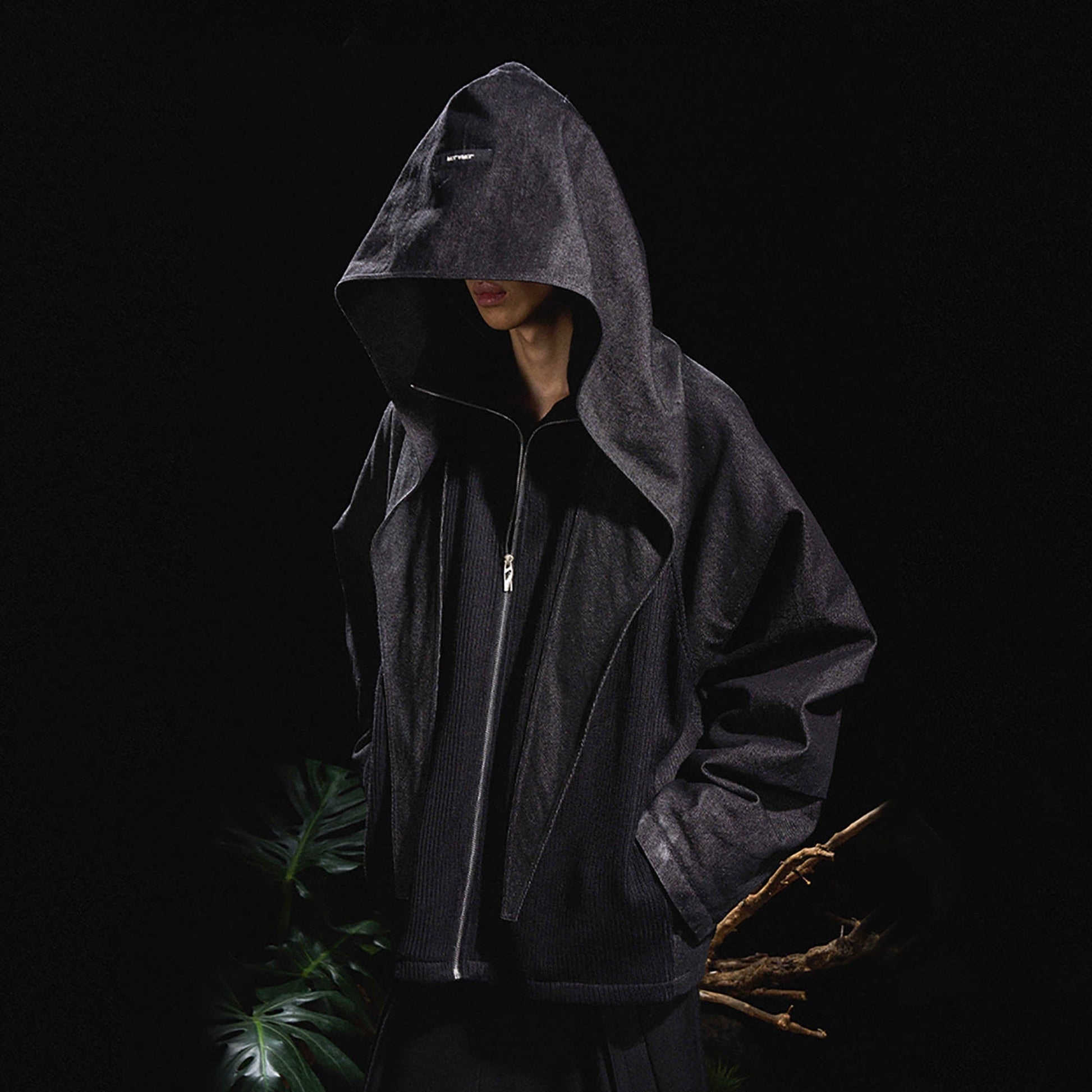 RELABEL Mask-Hood Spliced Denim Paneled Jacket-Jacket-S-Free Shipping Leatheretro