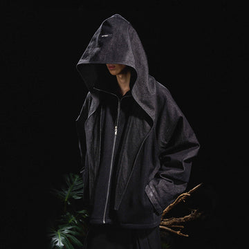 RELABEL Mask-Hood Spliced Denim Paneled Jacket-Jacket-S-Free Shipping Leatheretro