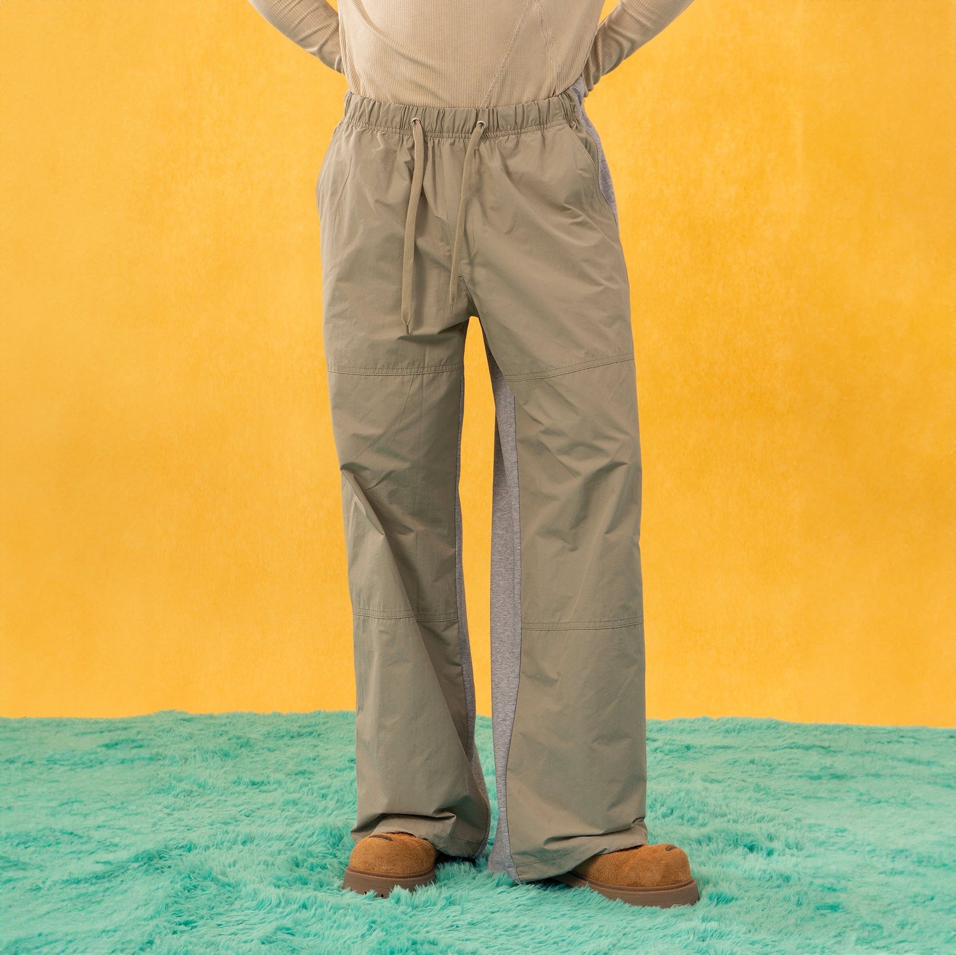 CLP Contrast Panel Drawstring Straight-Leg Pants-Pants-M-Khaki-Free Shipping Leatheretro