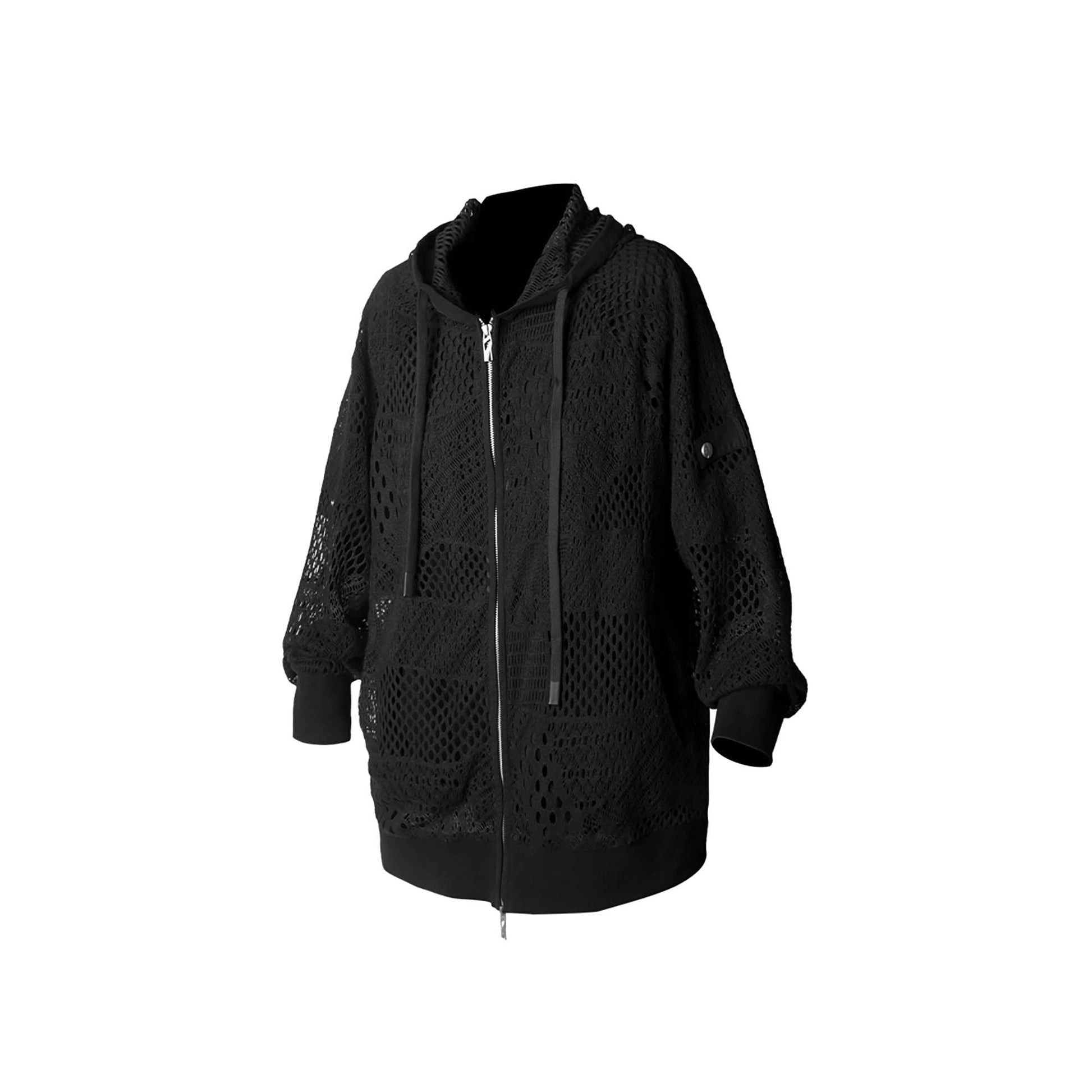 RELABEL Patchwork Crochet Mesh Zip-Up Hoodie-Jacket-XS-Black-Free Shipping Leatheretro