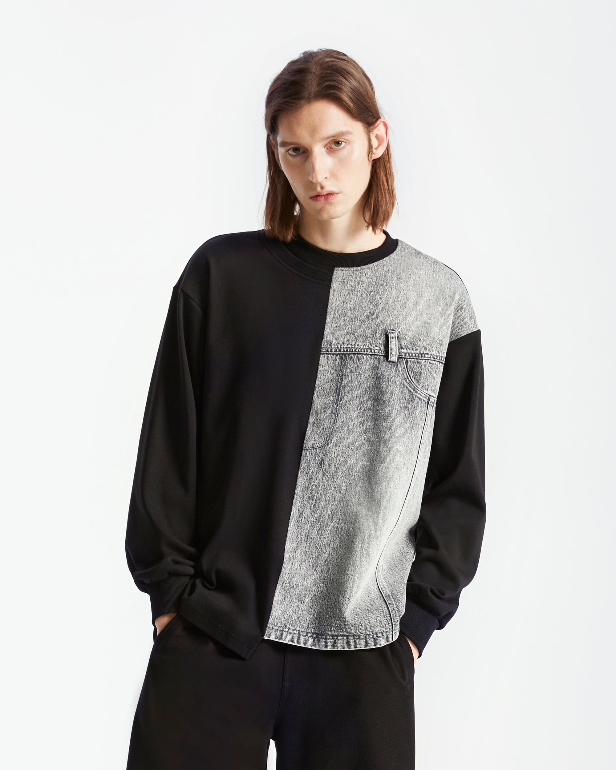 ORGANIC EMOTION Denim Spliced Long-Sleeve Tee-L/S Tee-S-Free Shipping Leatheretro