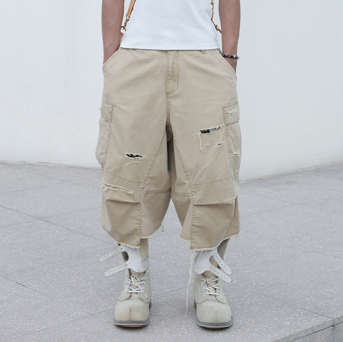 STEEPC Ripped Multi-Pocket Spliced Shorts-Shorts-S-Khaki-Free Shipping Leatheretro