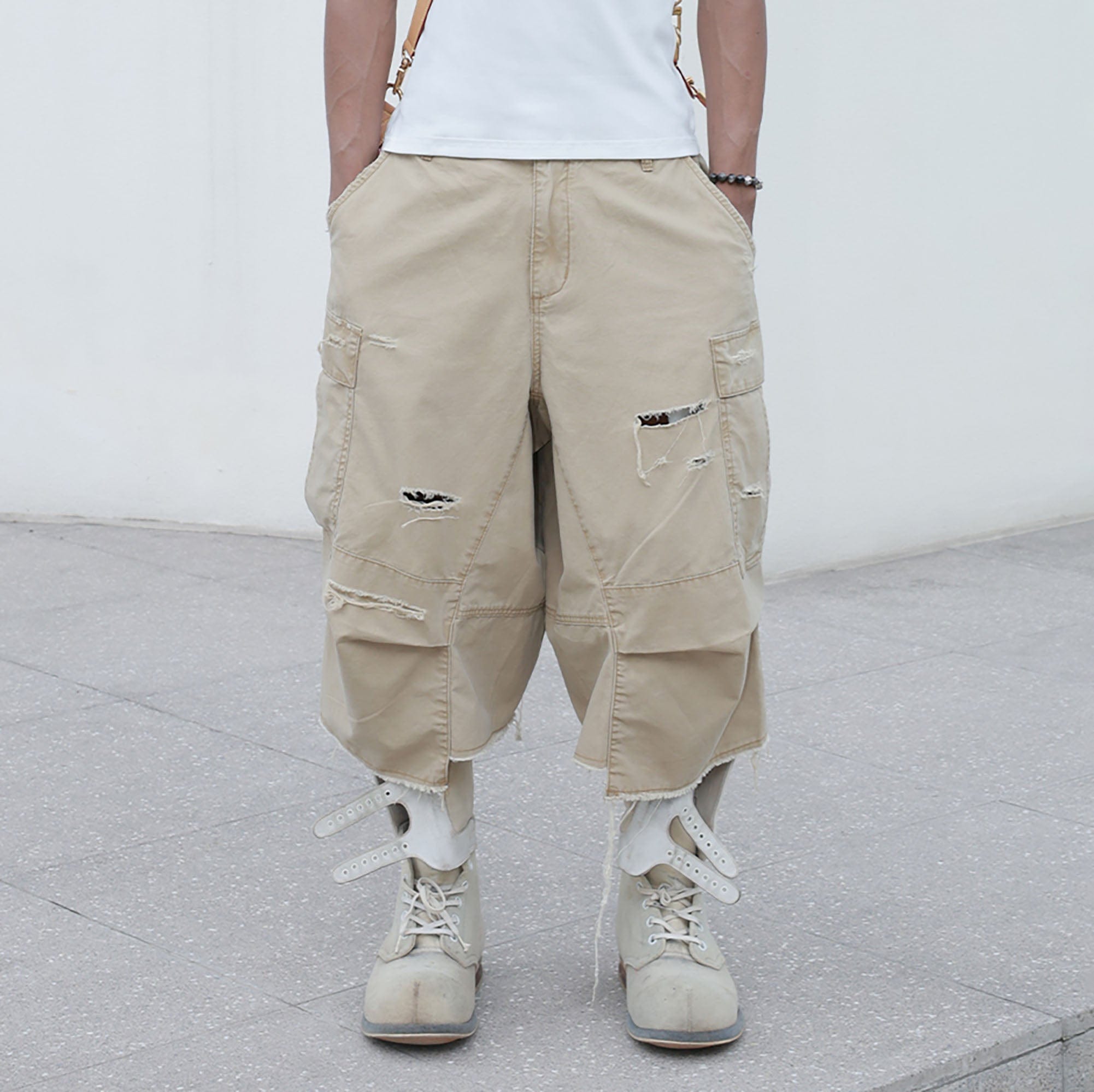 STEEPC Ripped Multi-Pocket Spliced Shorts-Shorts-S-Khaki-Free Shipping Leatheretro