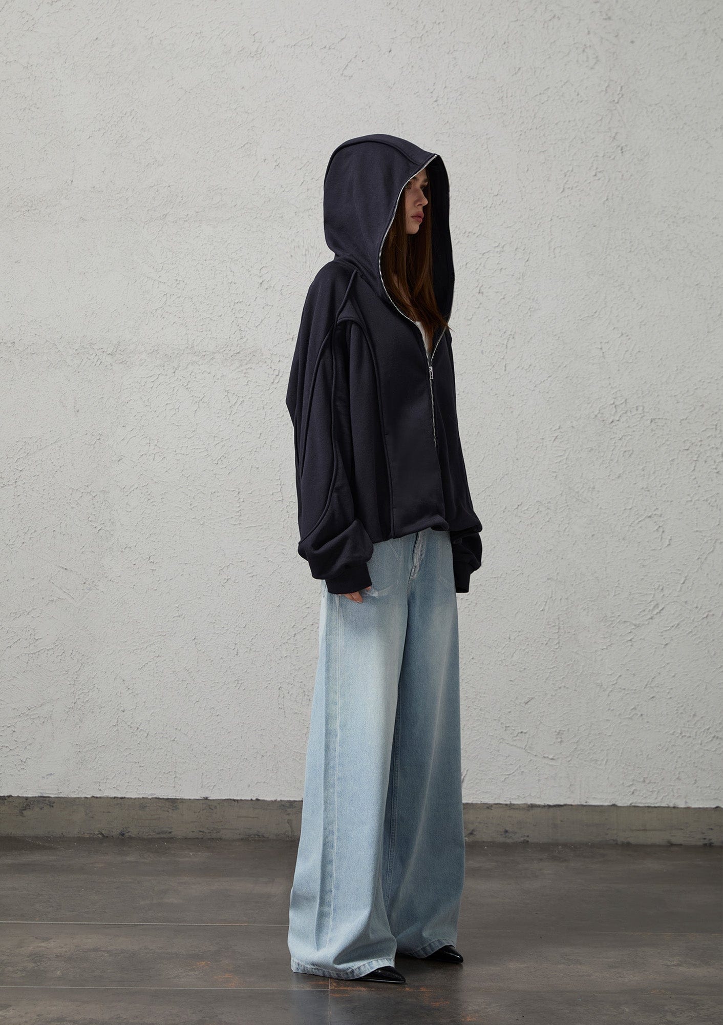 ORGANIC EMOTION Curved Panel Drawstring-Hem Zip-Up Hoodie-Jacket-Dark Blue-S-Free Shipping Leatheretro