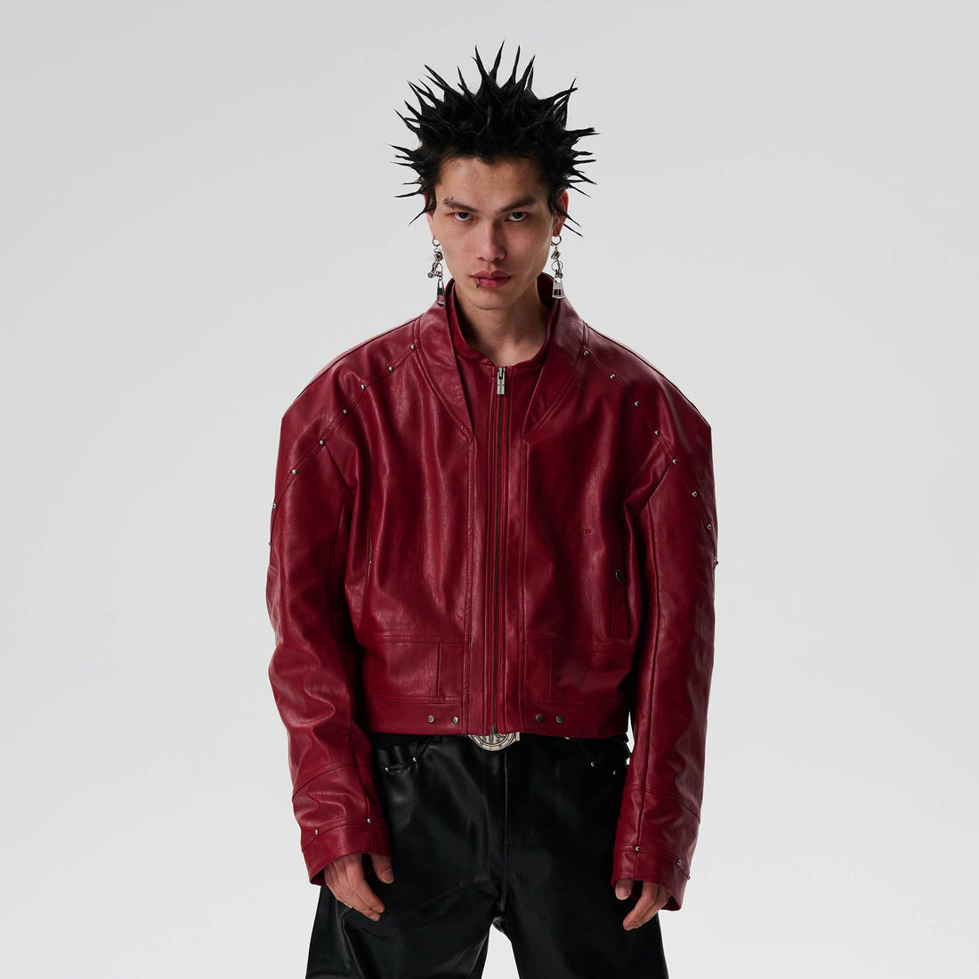 SAVAGEGROWTHWORLD Snake Bone Embroidered Rivet Cropped PU Jacket-Jacket-S-Red-Free Shipping Leatheretro